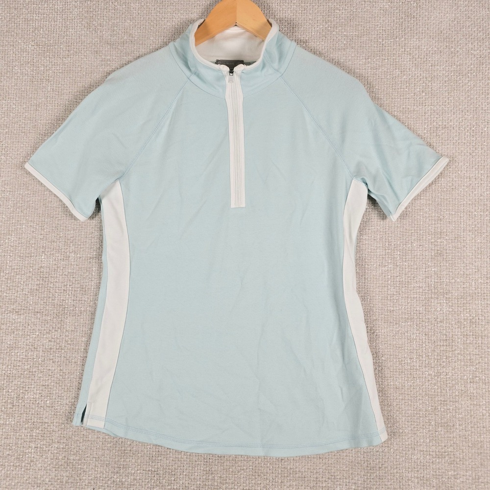 T by Talbots Womens Light Blue White UPF 50+ Quarter Zip Short Sleeve Top S‎